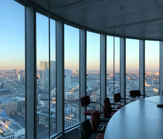 Modern office meeting room with floor-to-ceiling windows over a city